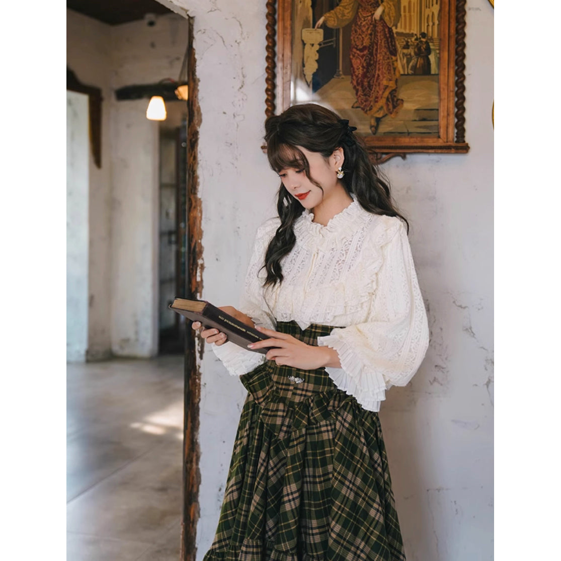 墨緑格子柄のフィッシュテールスカート