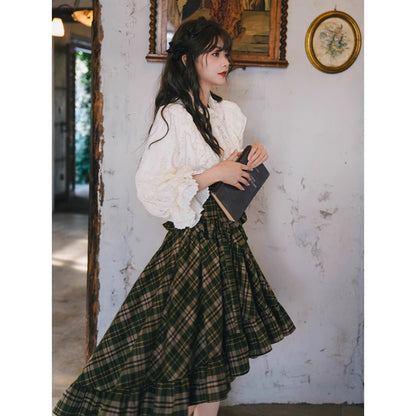 墨緑格子柄のフィッシュテールスカート