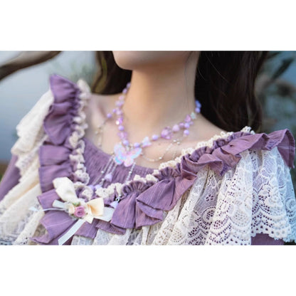 藤紫の貴婦人の刺繍レトロワンピース