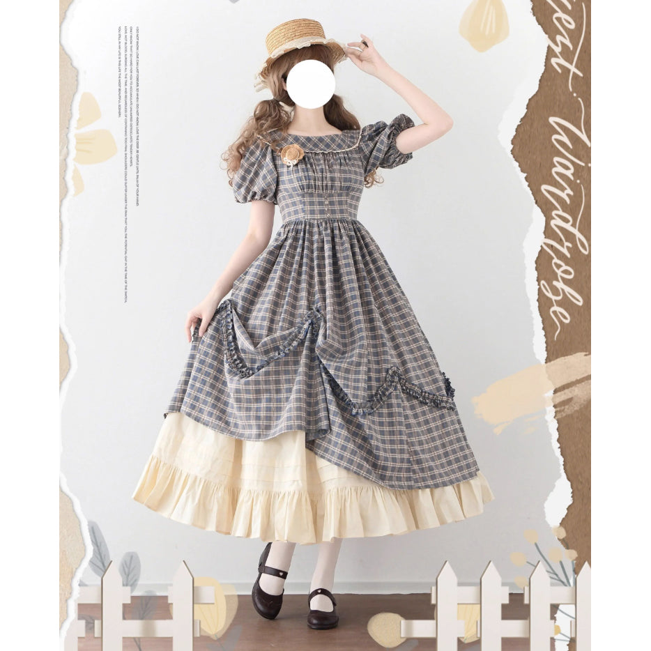 英国のお嬢様の格子柄レトロワンピース - Gray Navy