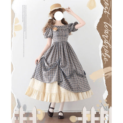 英国のお嬢様の格子柄レトロワンピース - Gray Navy
