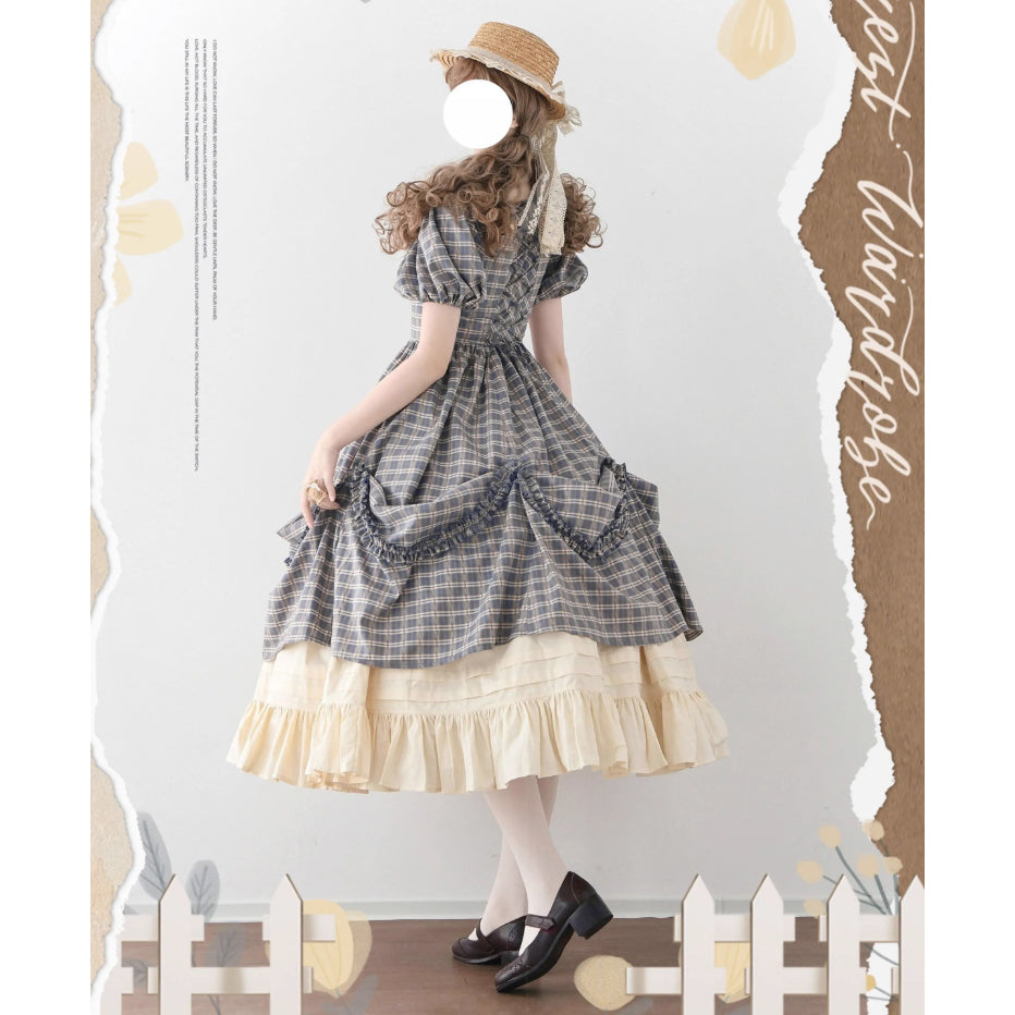 英国のお嬢様の格子柄レトロワンピース - Gray Navy