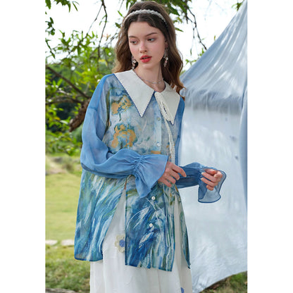 黄色と薄紫色のアイリスのブラウス