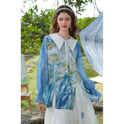 黄色と薄紫色のアイリスのブラウス