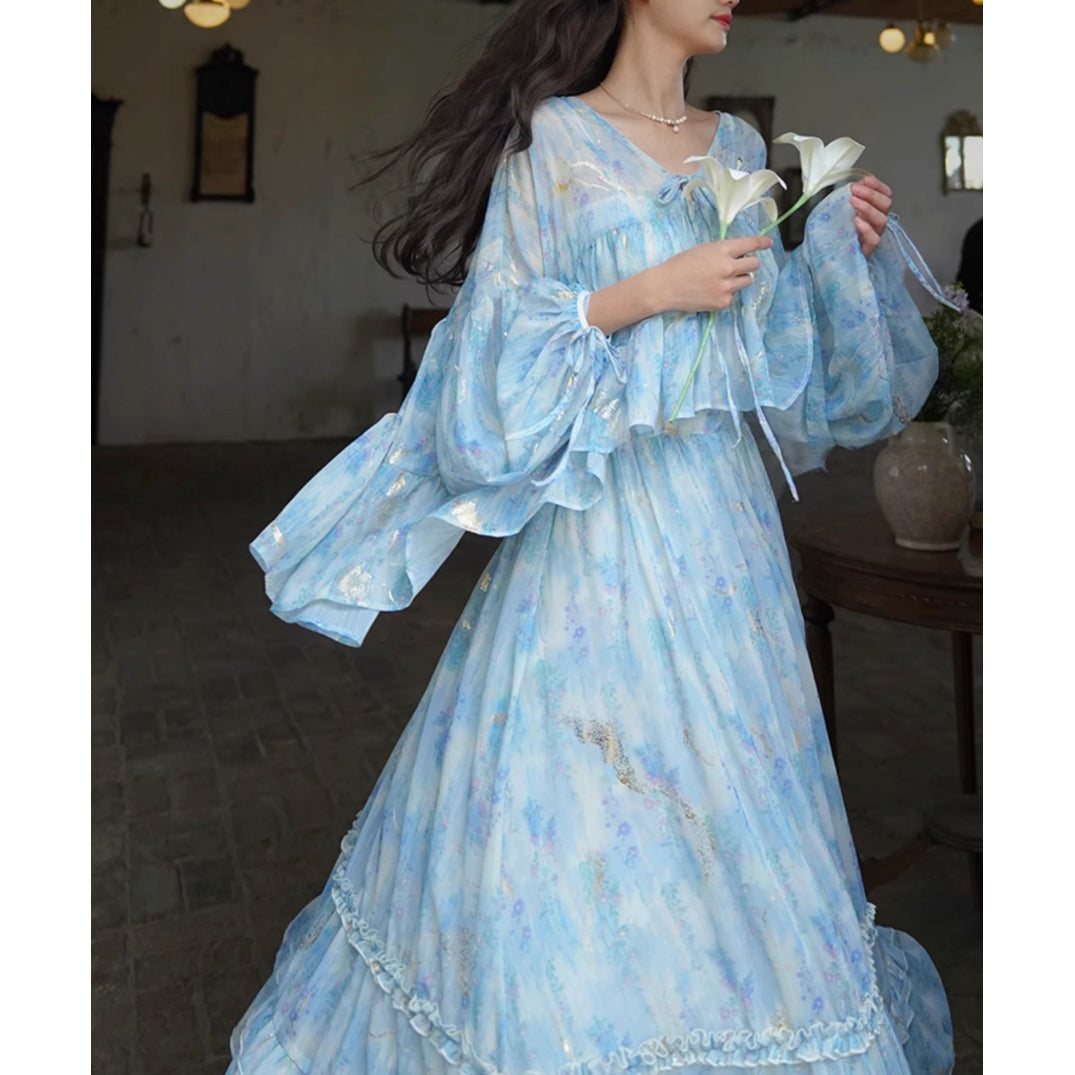 藤の花の水彩画ブラウスとロングスカート