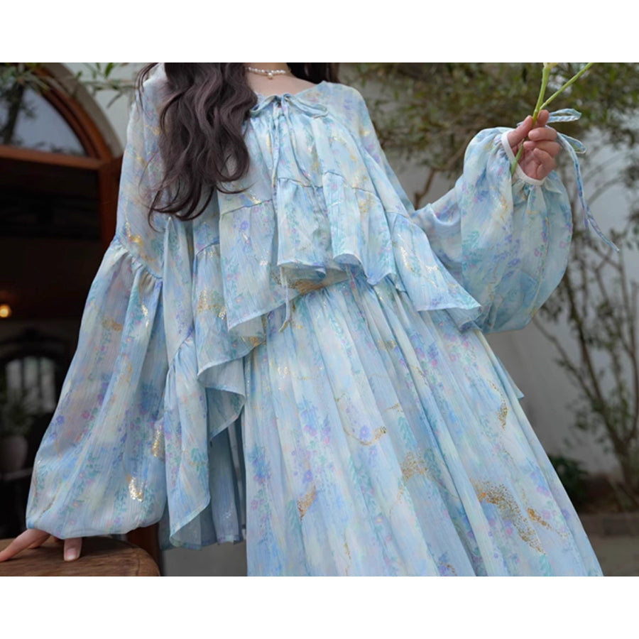 藤の花の水彩画ブラウスとロングスカート