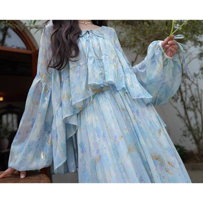 藤の花の水彩画ブラウスとロングスカート