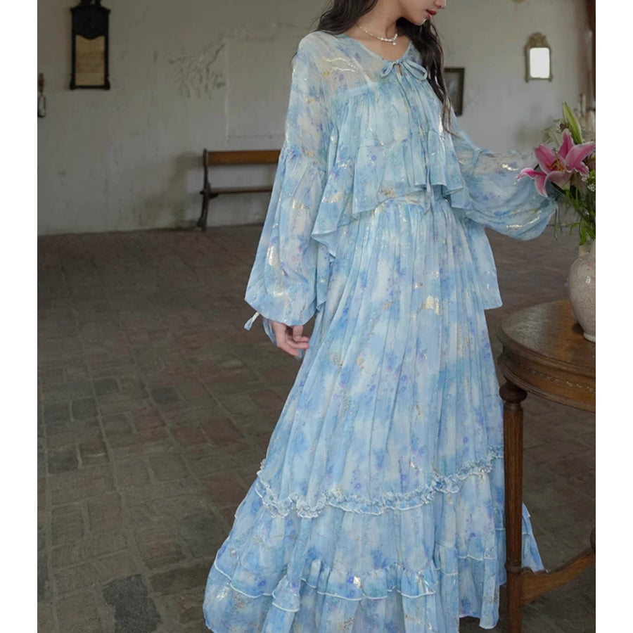 藤の花の水彩画ブラウスとロングスカート