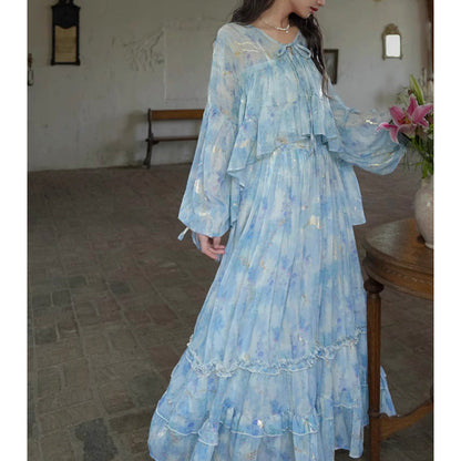 藤の花の水彩画ブラウスとロングスカート