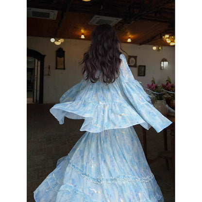 藤の花の水彩画ブラウスとロングスカート