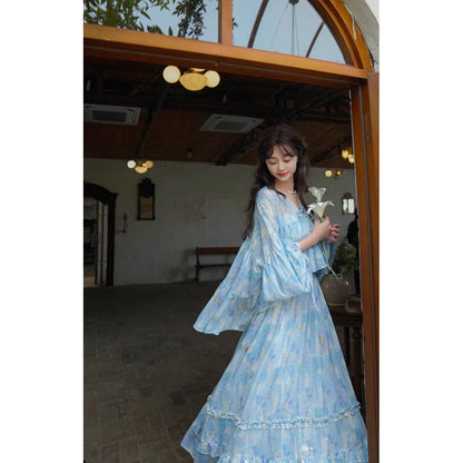 藤の花の水彩画ブラウスとロングスカート