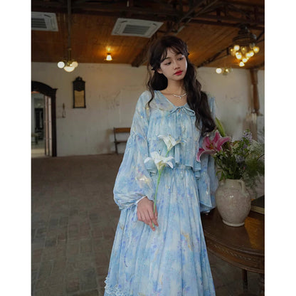 藤の花の水彩画ブラウスとロングスカート