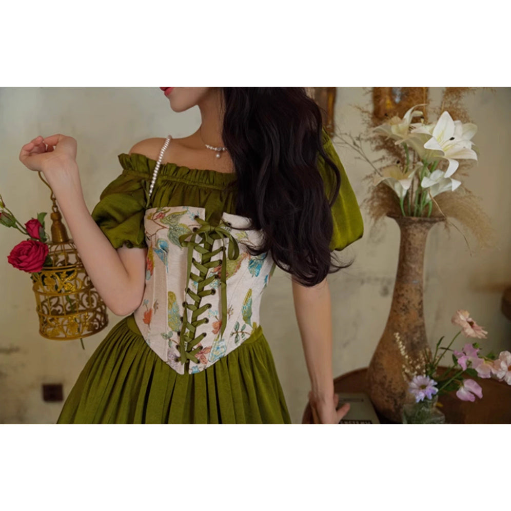 青白橡の貴婦人のレトロワンピース