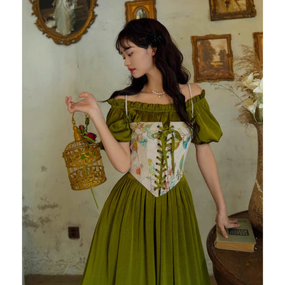 青白橡の貴婦人のレトロワンピース