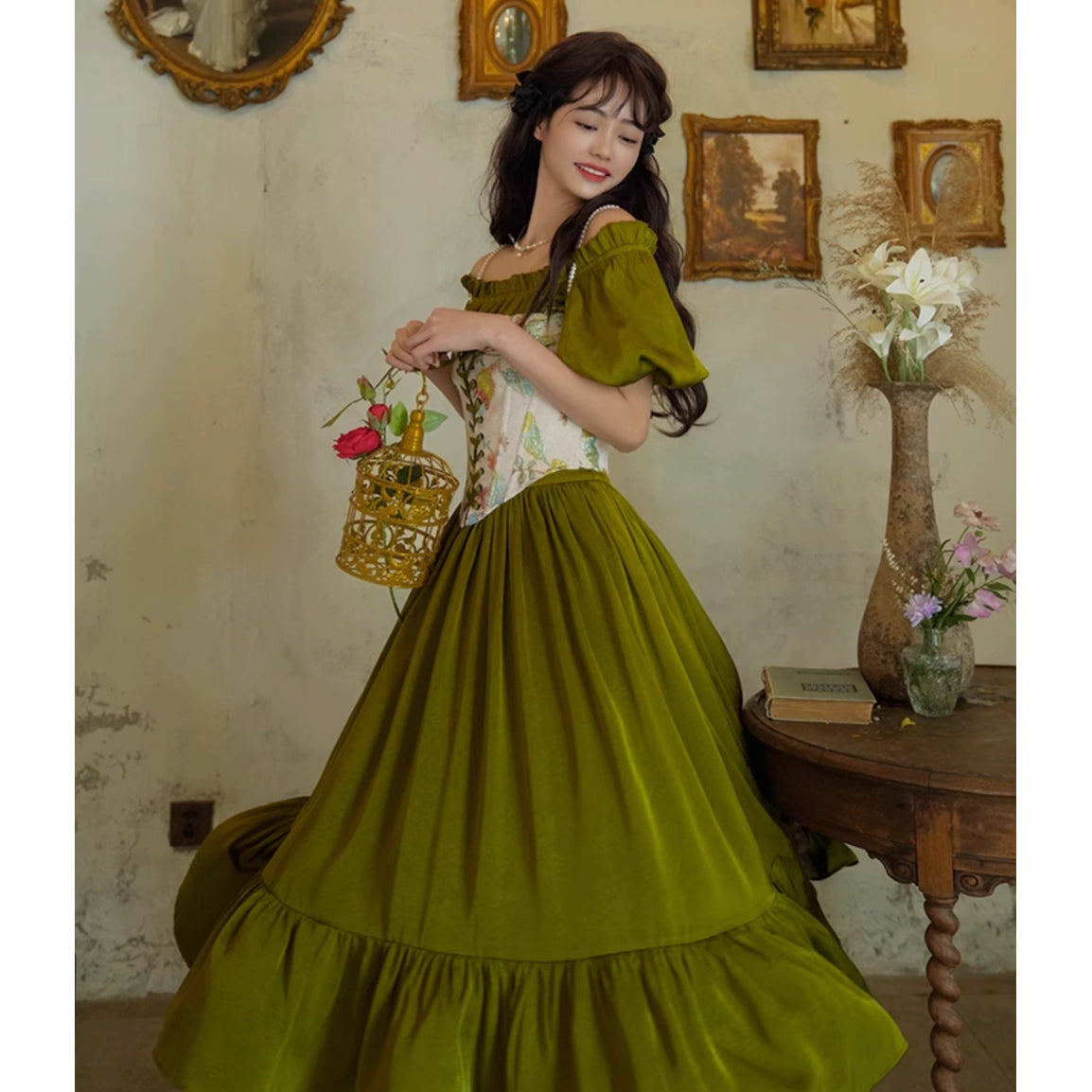 花鳥画の刺繍コルセット