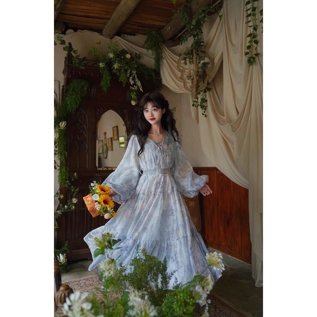 灰霧の花鳥画ワンピース