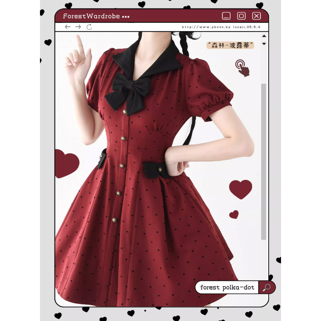 映画女優の水玉柄クラシカルワンピース - Madder Red