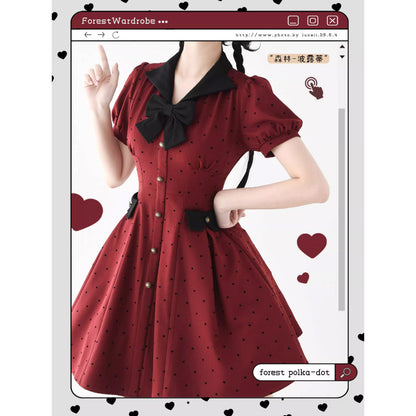 映画女優の水玉柄クラシカルワンピース - Madder Red