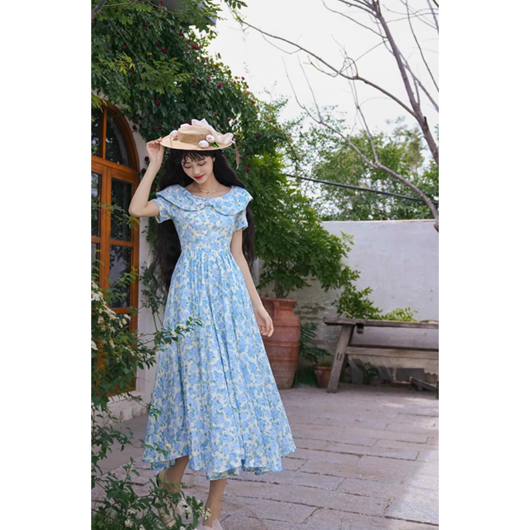 水縹の薔薇柄レトロワンピース