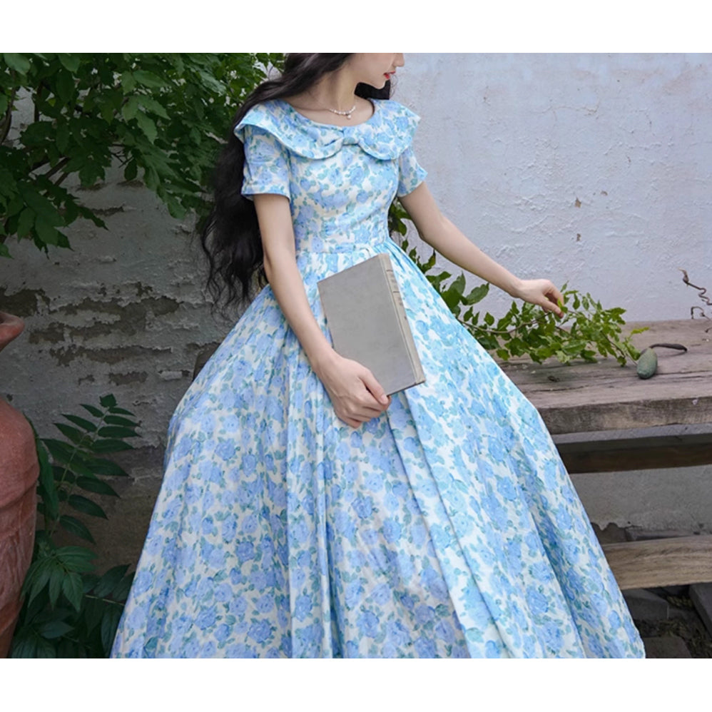 水縹の薔薇柄レトロワンピース