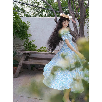 水縹の薔薇柄レトロワンピース