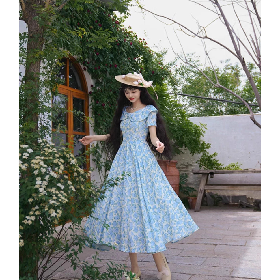 水縹の薔薇柄レトロワンピース