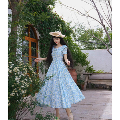 水縹の薔薇柄レトロワンピース