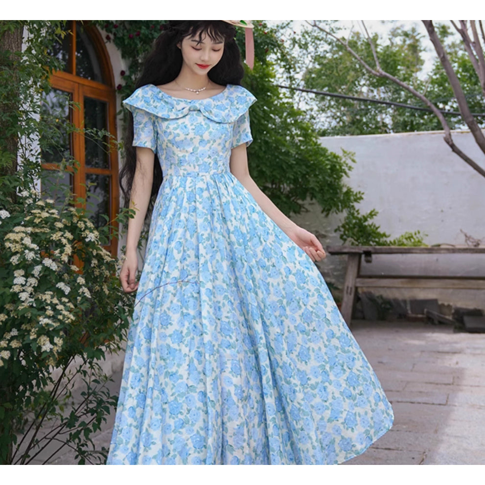 水縹の薔薇柄レトロワンピース