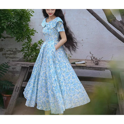 水縹の薔薇柄レトロワンピース