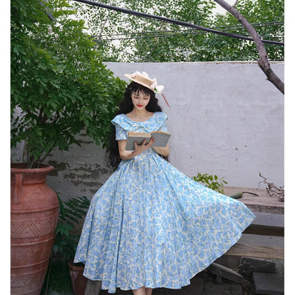 水縹の薔薇柄レトロワンピース