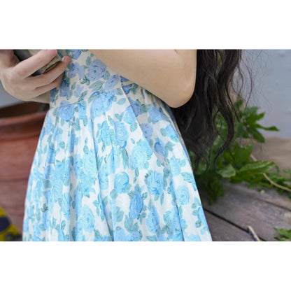 水縹の薔薇柄レトロワンピース