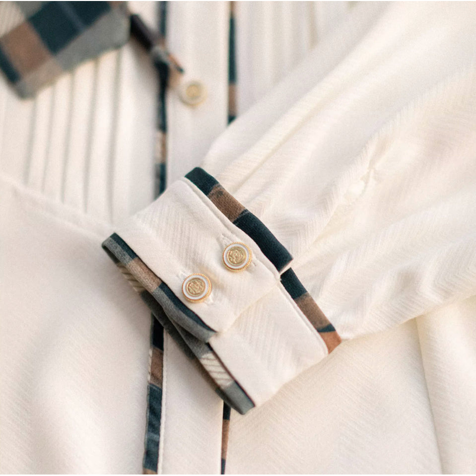 柿猫と花束の格子縞ストラップスカートとテーラードベストとプリーツブラウス