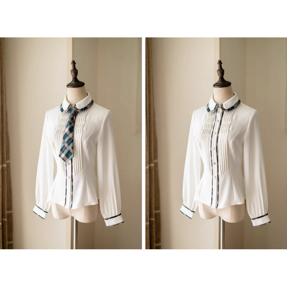 柿猫と花束の格子縞ストラップスカートとテーラードベストとプリーツブラウス