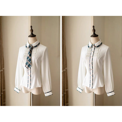 柿猫と花束の格子縞ストラップスカートとテーラードベストとプリーツブラウス