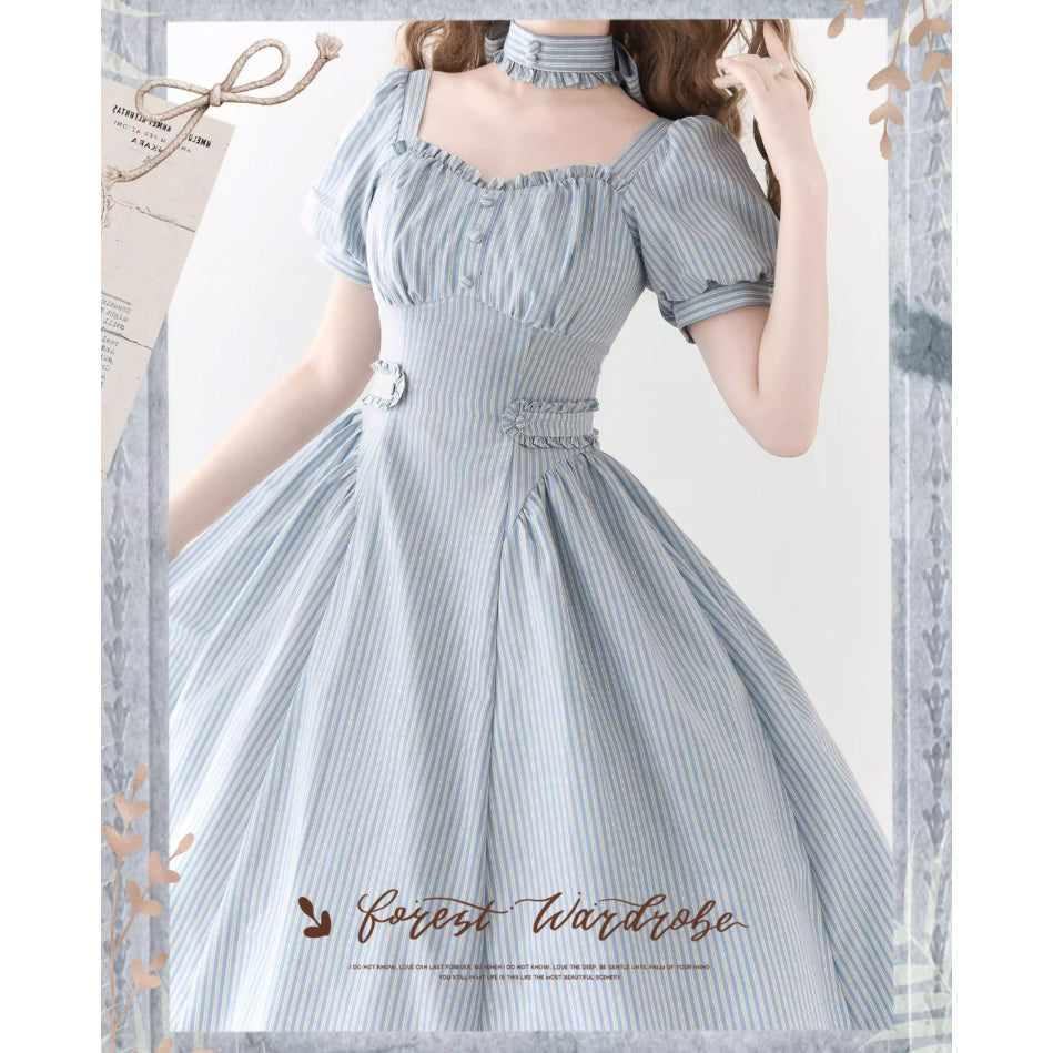 英国のお嬢様のクラシカルストライプワンピース - Ice Blue