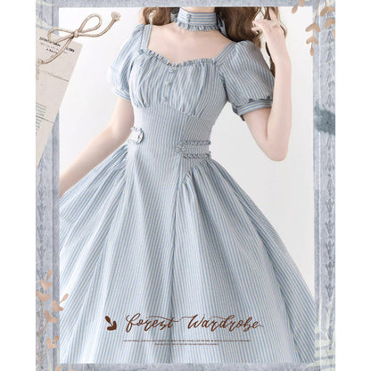 英国のお嬢様のクラシカルストライプワンピース - Ice Blue