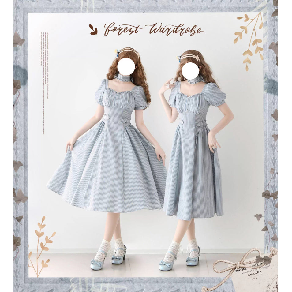 英国のお嬢様のクラシカルストライプワンピース - Ice Blue