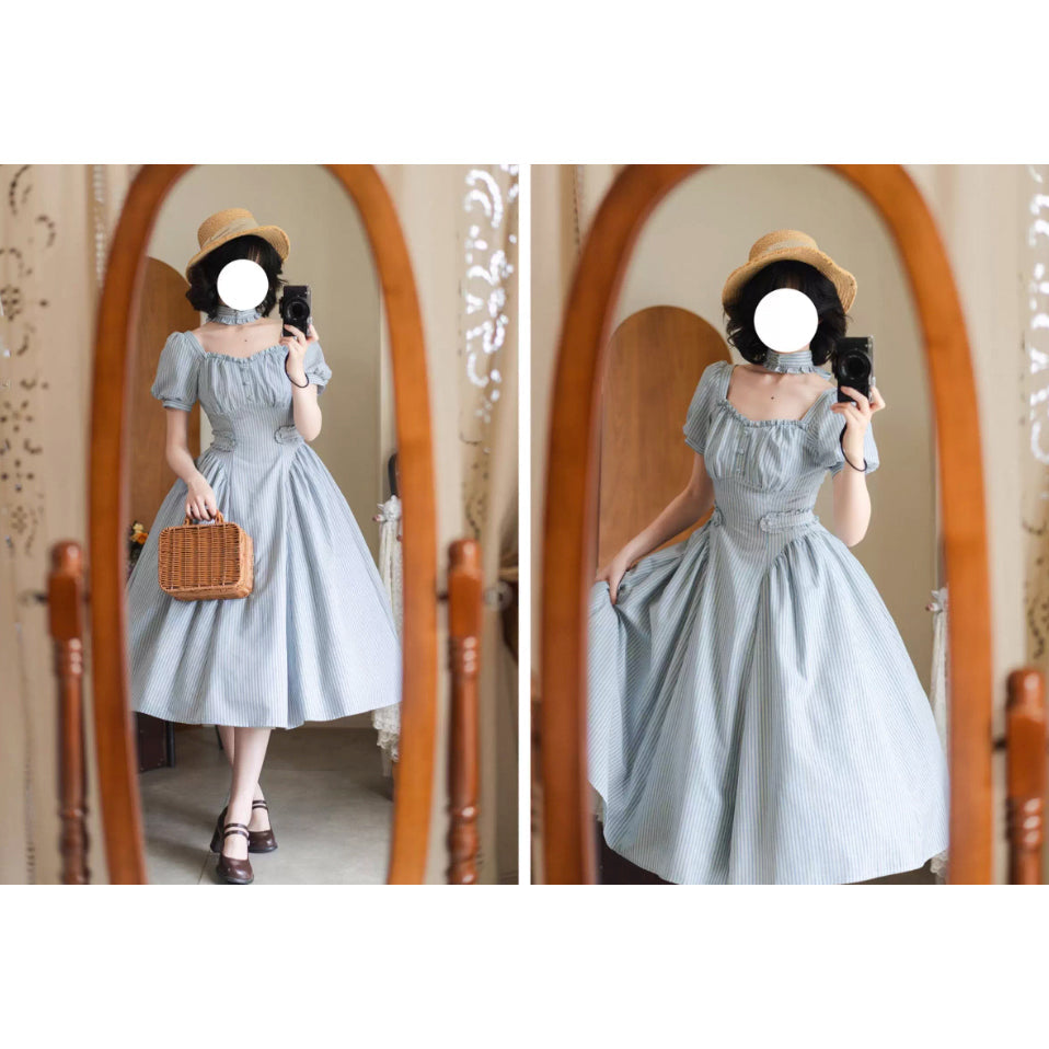 英国のお嬢様のクラシカルストライプワンピース - Ice Blue