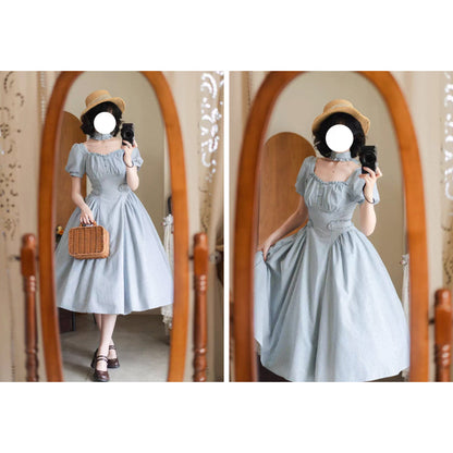 英国のお嬢様のクラシカルストライプワンピース - Ice Blue