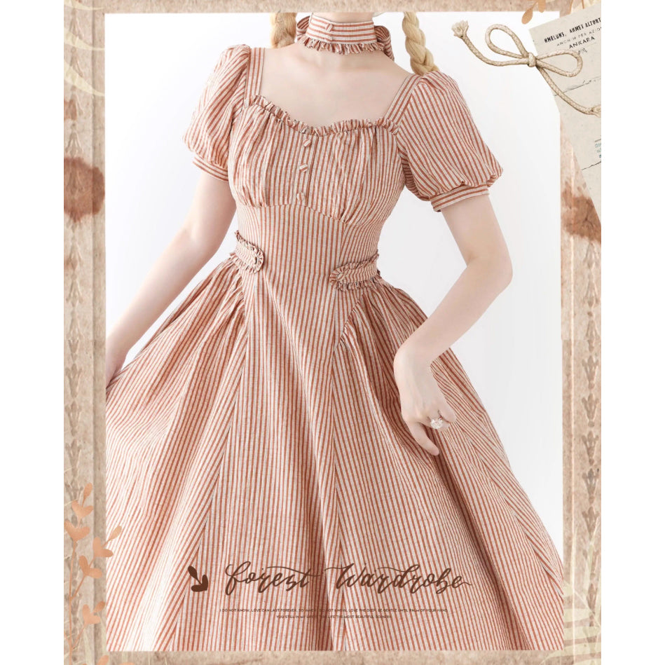 英国のお嬢様のクラシカルストライプワンピース - Carrot Orange