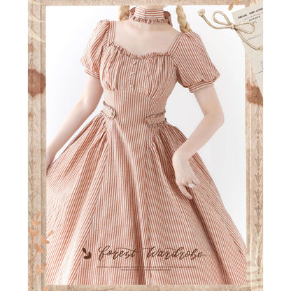 英国のお嬢様のクラシカルストライプワンピース - Carrot Orange