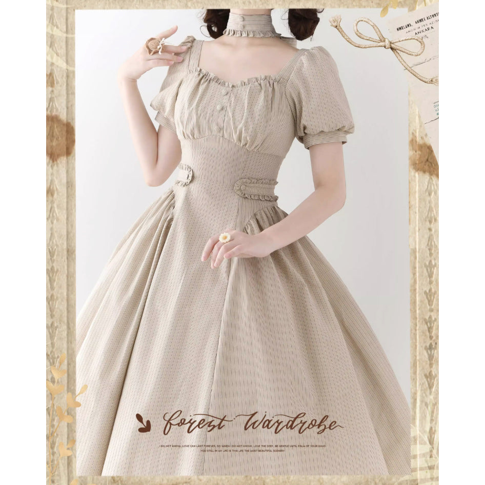 英国のお嬢様のクラシカルストライプワンピース - Sand Beige