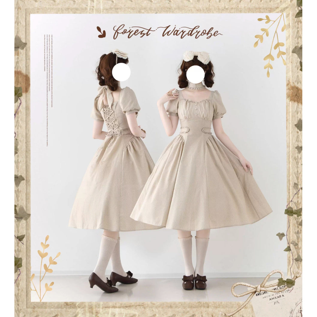 英国のお嬢様のクラシカルストライプワンピース - Sand Beige