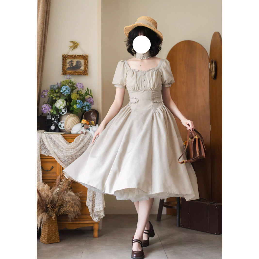 英国のお嬢様のクラシカルストライプワンピース - Sand Beige