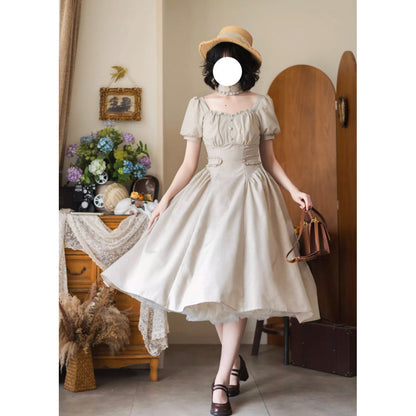 英国のお嬢様のクラシカルストライプワンピース - Sand Beige