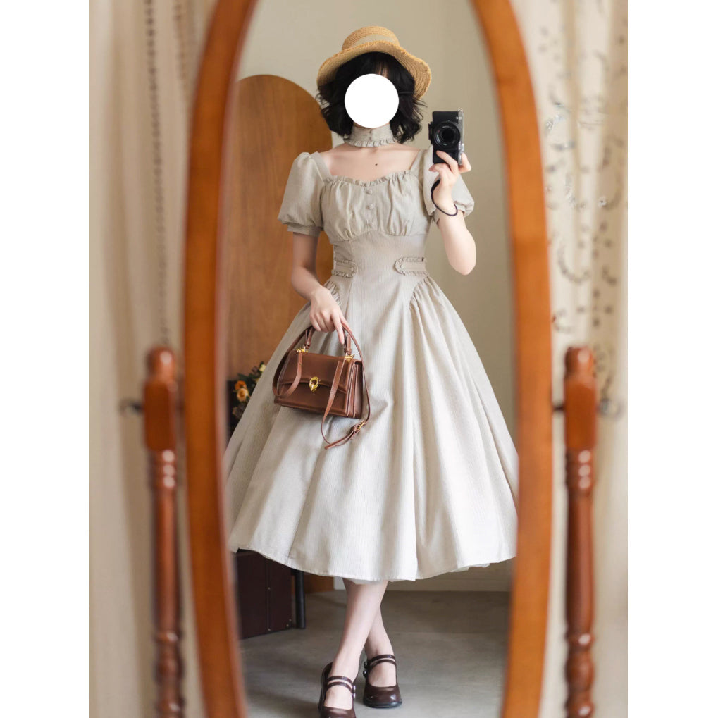 英国のお嬢様のクラシカルストライプワンピース - Sand Beige