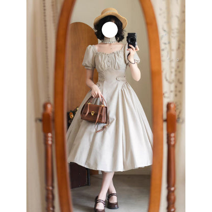 英国のお嬢様のクラシカルストライプワンピース - Sand Beige