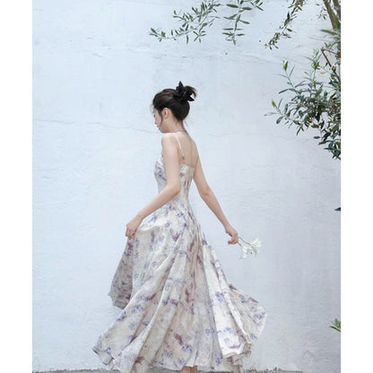 蝶々と花の水彩画キャミソールワンピースとシフォンカーディガン