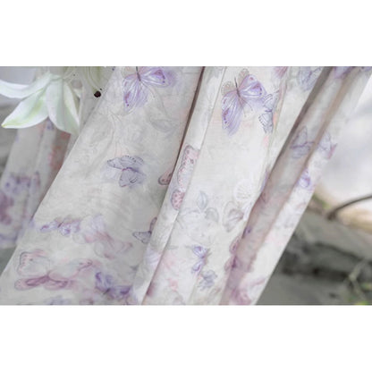 蝶々と花の水彩画キャミソールワンピースとシフォンカーディガン