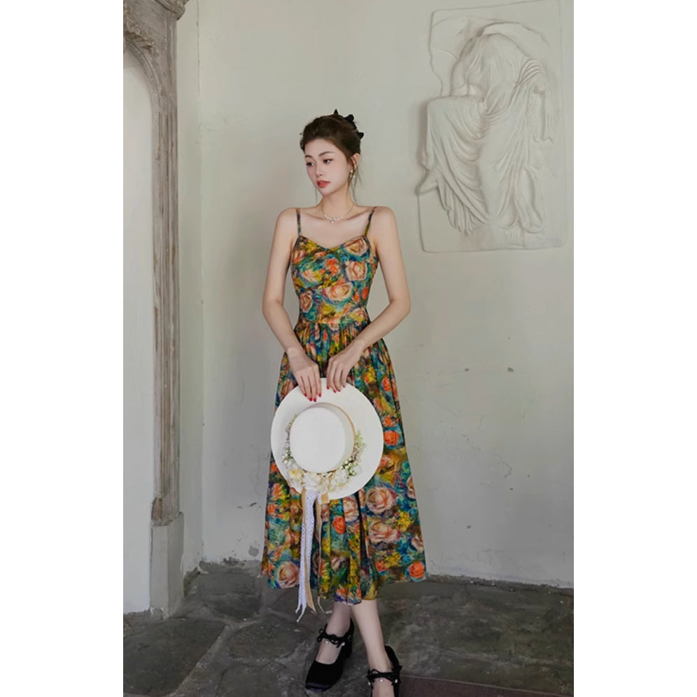 薔薇の花の油彩画キャミソールワンピース